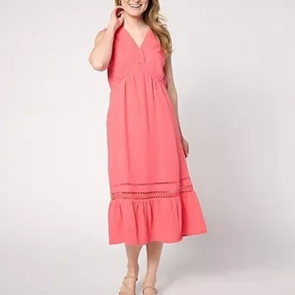 Isaac Mizrahi Live Small Peach Rose Bridgehampton Gauze Sleevless Dress A646550‎
